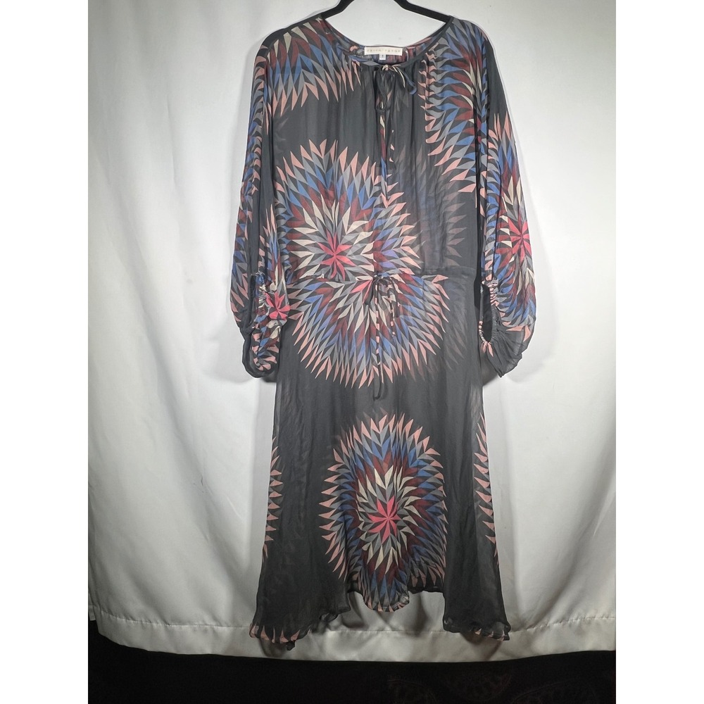 Erica Tanov 100% Silk Geometric Sunburst Print Midi Dress Sheer Tie Neck Size 1